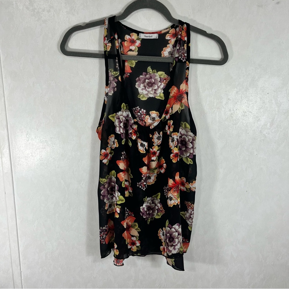 TeenBell Floral Sleeveless Sheer Blouse - Black and Multicolor s